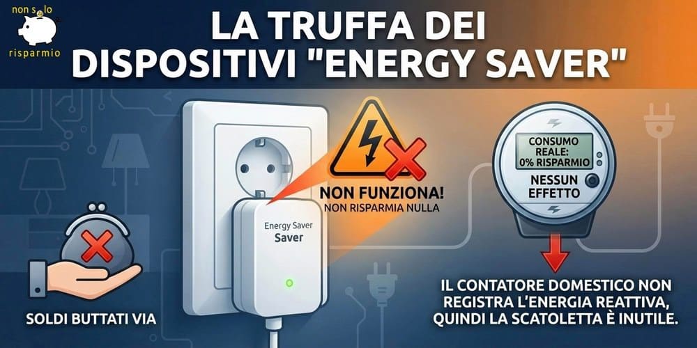 La grafica mostra un dispositivo Energy Saver in corrente e l'avviso di dispositivo inutile ai fini del risparmio