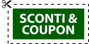 Banner coupon con scritta Sconti & Coupon su sfondo verde e bordo tratteggiato con forbici, da nonsolorisparmio.it